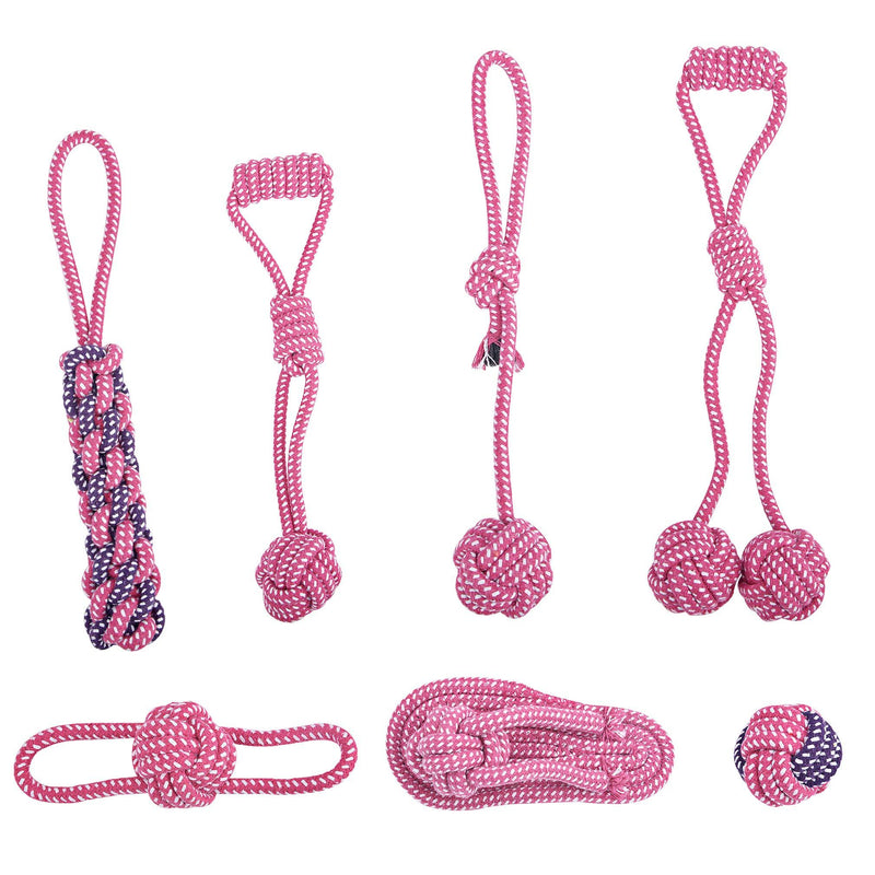 Dog Rope Toy,Interactive Pet Chew Toys Set,Washable Braided Cotton Teeth Cleaning Chewers for Puppies,Small,Medium and Large Dogs Durable Teething Ropes,Tug of War Ball Training Playing,Rosy 7 Packs set of 7 pcs rosy - PawsPlanet Australia