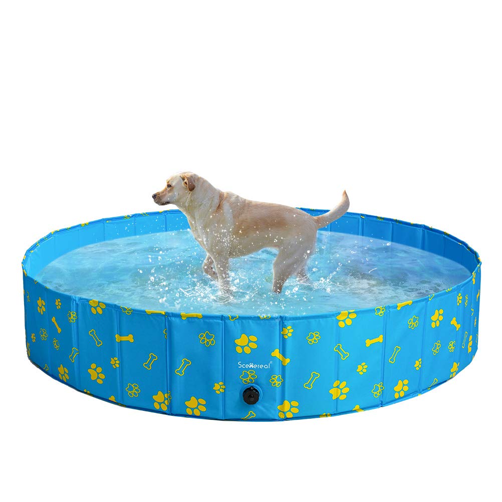 Scenereal Foldable Dog Padding Pool - Large Pet Swimming Pool Bathing Tub with Paw Printing Outdoor Bathtub Collapsible for Large Dogs and Kids - PawsPlanet Australia
