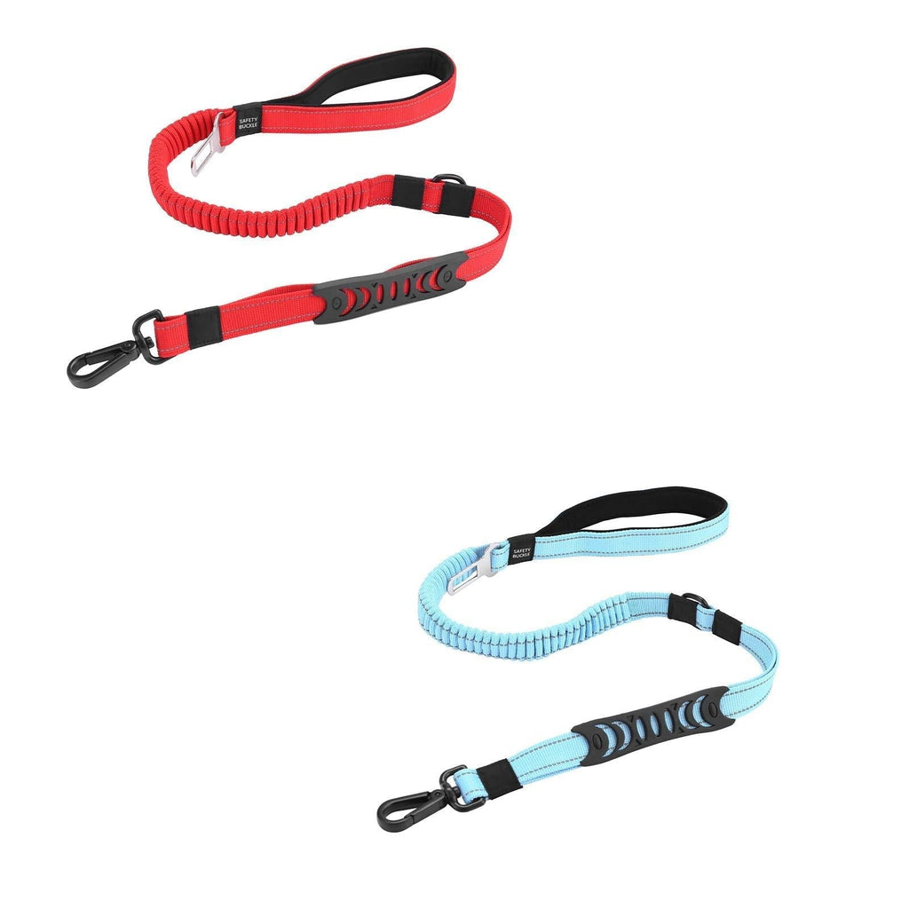 JHMY 3-in-1 Strong Bungee Dog Lead, 2 Packs No Pull Shock Absorbing Pet Leash with Car Safety Buckle, Elastic Dog Lead with Double Handles and Reflective Sewing (red+blue) red+blue - PawsPlanet Australia