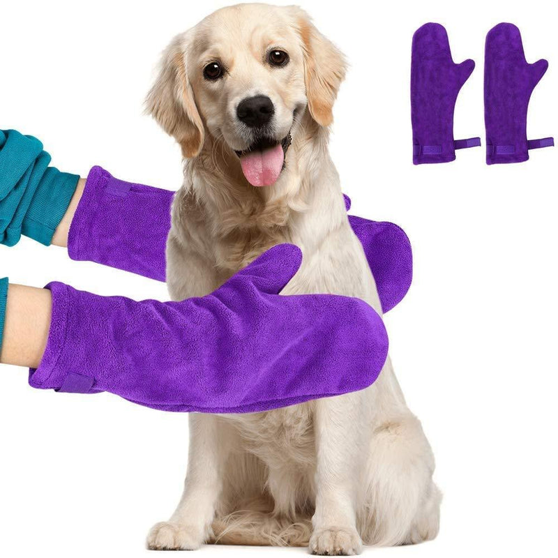 HANGYAN 2 Pack Dog Drying Mitts, Dog Towel Glove, Ultra Absorbent Microfiber Pet Purple - PawsPlanet Australia