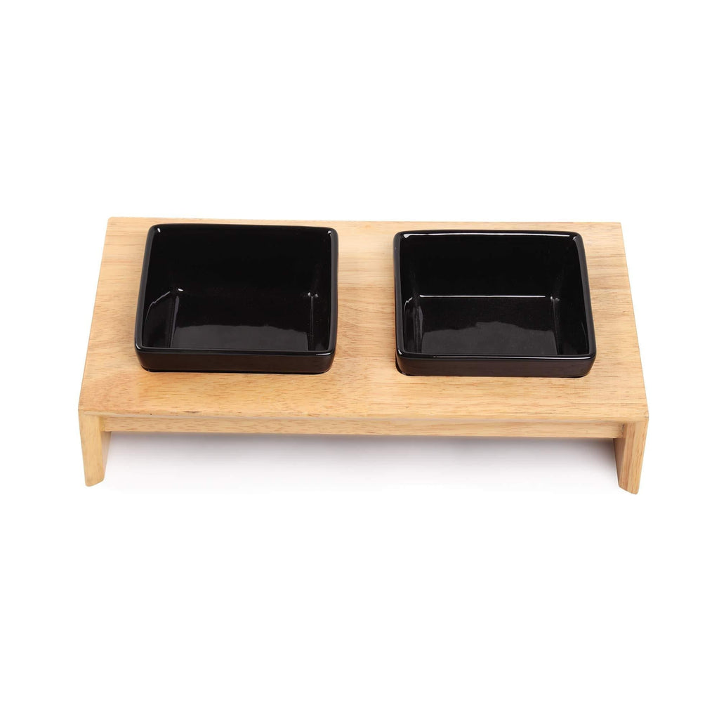 Pet Raised Ceramic Feeding Bowls Dog Cat Food Feeding Bowls with Wood Shelf Elevated Dog Cat Feeding Bowls WOODEN Double Medium - PawsPlanet Australia