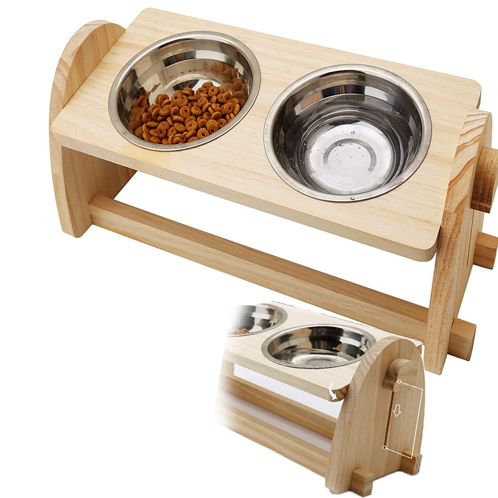 Tilted Cat Feeding Bowls DIY Raised Adjustable Wooden Slanted Elevated Pet Feeder to aid Digestion Dry Wet food Water for Dog Feeding Bowls (16.7*6.6*6.8inch, Wooden) 180ML+180ML - PawsPlanet Australia