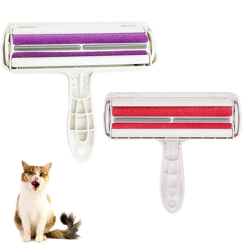 Lepidi 2 Pieces Pet Hair Furniture Remover, Removal Lint Brush Tool, Lint Brush for Furniture, Reusable Plastic Pet Hair Remover Roller for Cat, Dog, Carpet, Sofa, Clothes, Bedding (Red, Purple) - PawsPlanet Australia