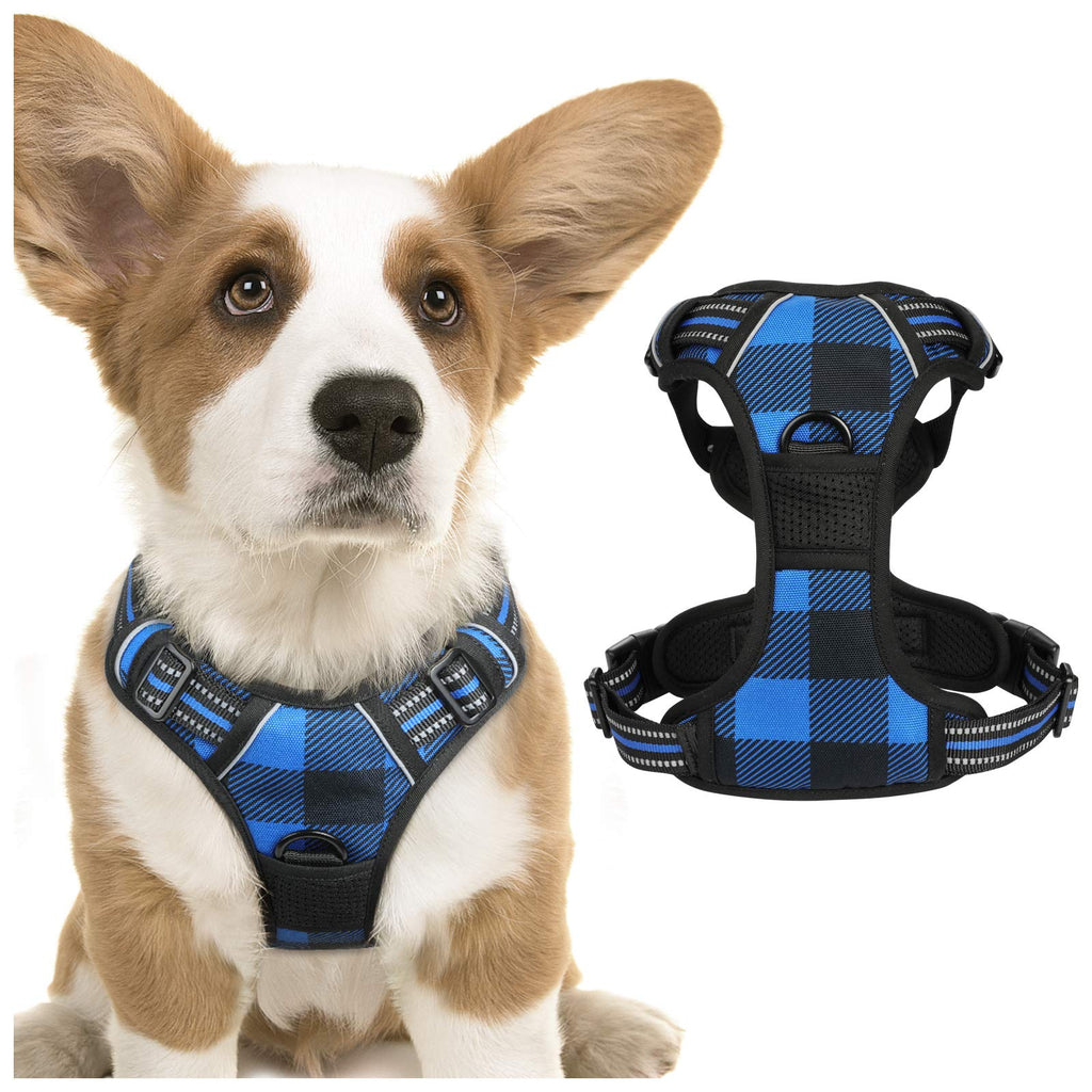 rabbitgoo Dog Harness, No-Pull Pet Harness with 2 Leash Clips, Adjustable Soft Padded Dog Vest, Reflective No-Choke Pet Oxford Vest with Easy Control Handle for Large Dogs, Plaid Blue, S S (Pack of 1) Buffalo Plaid (Blue & Black) - PawsPlanet Australia