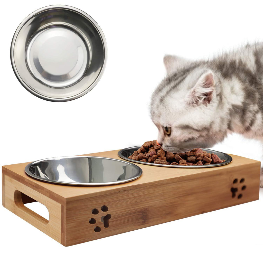 O'woda Raised Double Stainless Steel Pet Bowls with Bamboo Tray, Non-skid & Non-spill Design, Feeding Bowl and Water Feeder |14cm Bowl| Bamboo Elevated - PawsPlanet Australia
