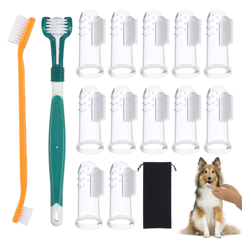 HAKOTOM 15pcs Pet Toothbrush Set, Dog Cat Tooth Cleaning Brush Finger Toothbrushes Soft Silicone DogsTeeth Brushes 2pcs Long Handled Dual Headed Toothbrush,Black Flannel Bag for Pets Dental Care - PawsPlanet Australia
