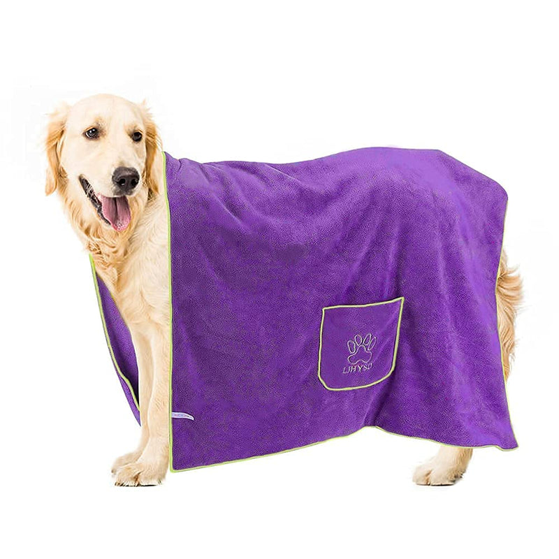 Dog Bathrobe Towel -Dog Drying Towel - Absorbent Microfibre Dog Bath Towel -Machine Washable & Dryable -Pet Drying Towel For Large And Meduiem Dog- 140x70cm - Purple - PawsPlanet Australia