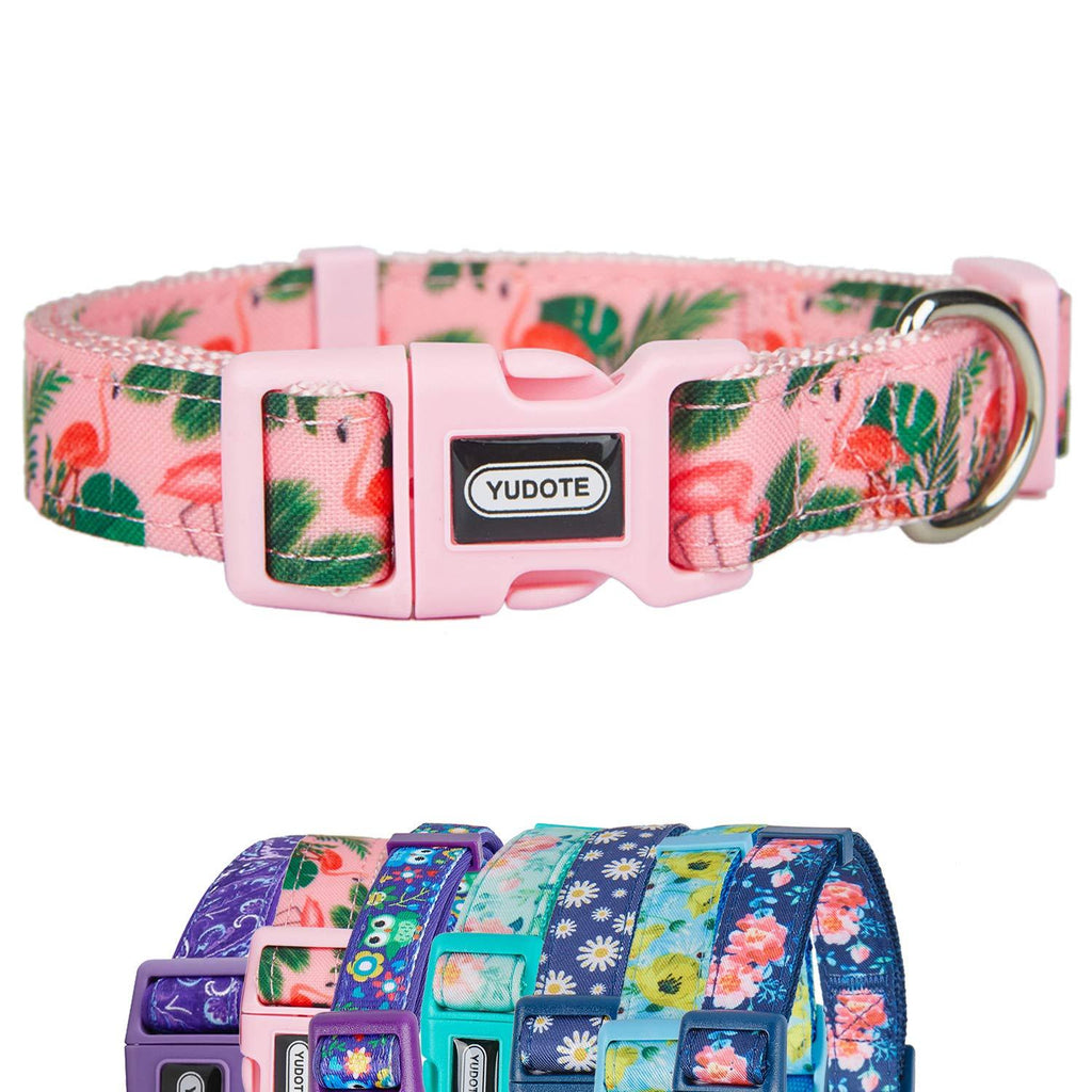 YUDOTE Pink Dog Collar Small with Flamingos Print for Lively Female Girl Dogs Daily Use,Adjustable 25-38cm S: for 25-38cm Neck, 1.5cm Width Flamingo-Pink - PawsPlanet Australia