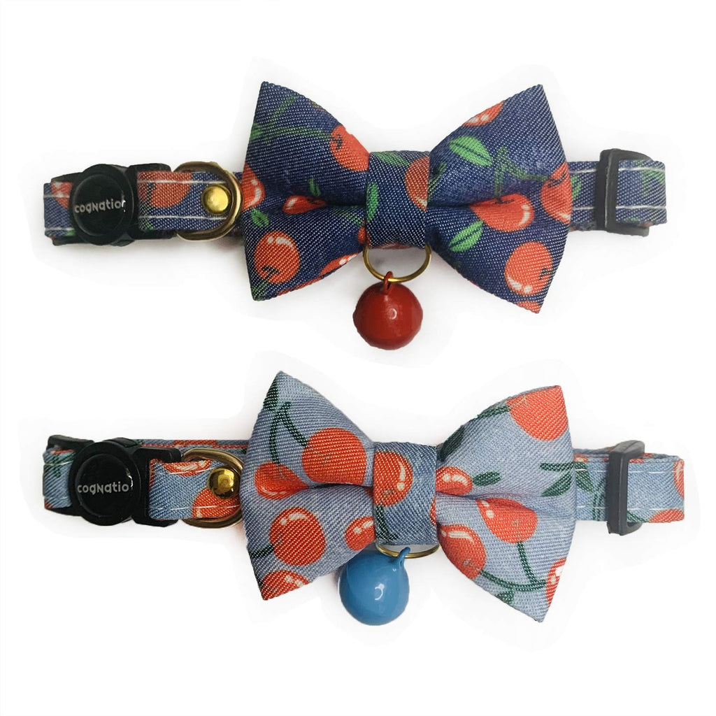 Cognatio Quick Release Cat Collars, Fruit Patterned Kitten Collars with Removable Bell and Bow Tie, Adjustable 20-30 cm, 2 Pack, Cherry Indigo+Light Blue - PawsPlanet Australia