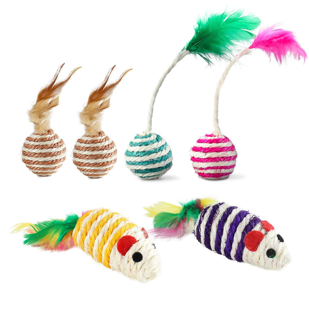 PETTOM 6 Pcs Cat Toy Sisal Balls Colorful Interactive Cat Toy Mice with Feathers Small Kitten Scratching Rolling Balls - PawsPlanet Australia