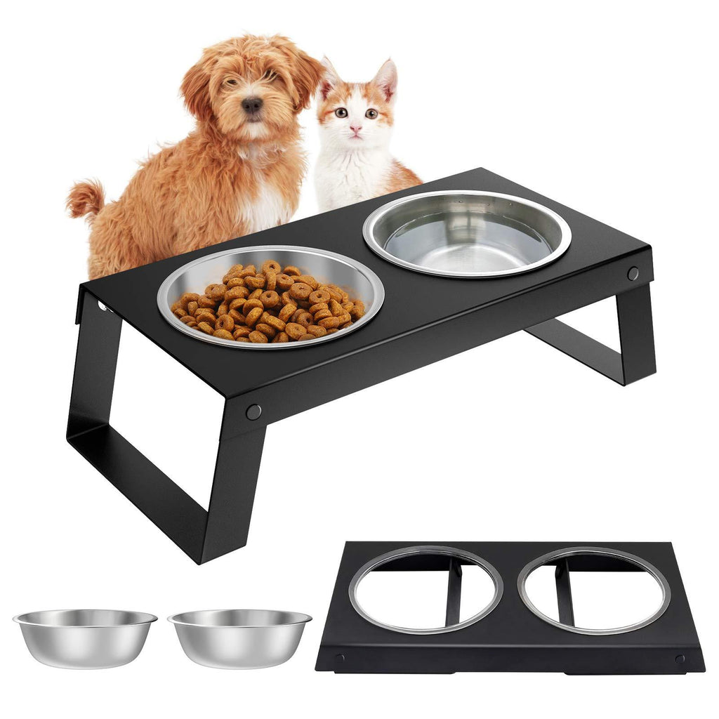 Lewondr Elevated Dog Bowls, Metal Shelf + 2 Dog Food Stainless Steel Bowls Pet Dishes Water Bowls, Non-Slip No Spill Foldable Raised Pet Bowls for Cats and Dogs, Dishwasher Safe - Black - PawsPlanet Australia