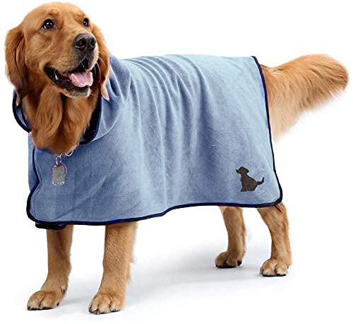 AlleyDesign Dog Towel Robe Coat: Absorbent Quick Drying Large Dog Bathrobe with Hoody & Belt|Microfiber Soft Pet Dressing Gown Bathrobe with Adjustable Collar and Waist(L,Blue) - PawsPlanet Australia