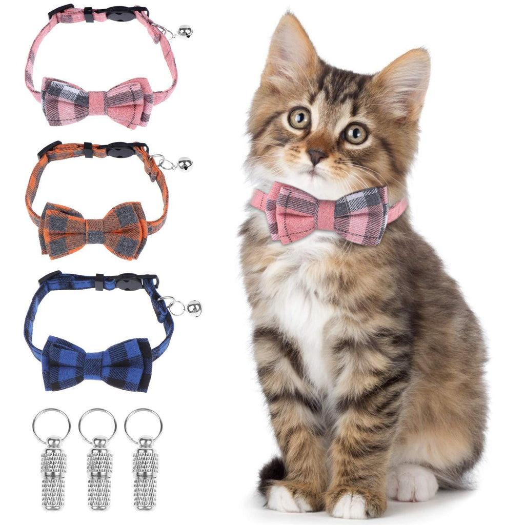 LOCOLO 3 Pack Cat Bowtie Collars + 3 PCS Pet Mini Anti Lost Pendant, Quick Release Kitty Collars Pet Safety Collar with Bell & Bow Cute Plaid Patterns Adjustable Small Pet Bow Collar Type B - PawsPlanet Australia