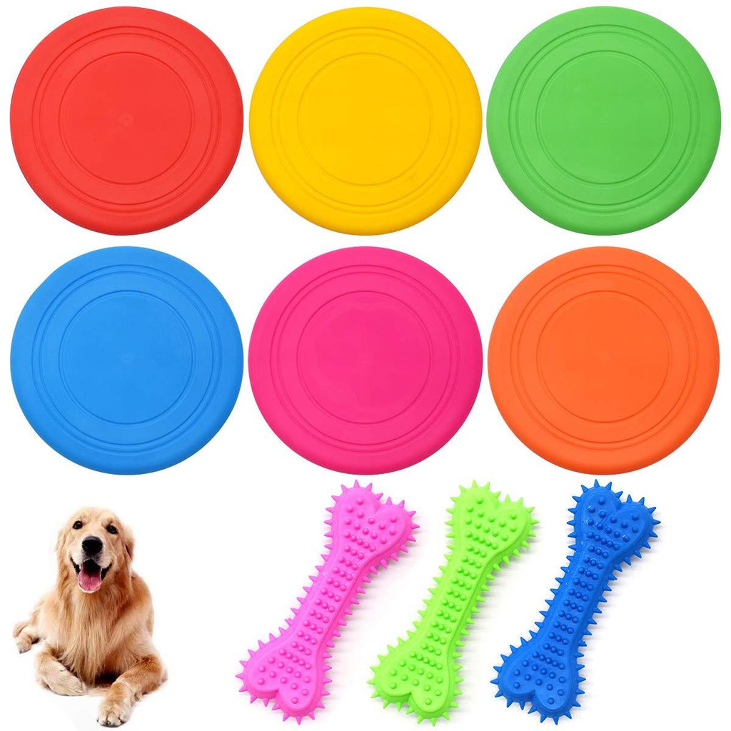 Dog Frisbee Disc Toy,Guador 6 Pcs Silicone Dogs Training Frisbee Non-toxic Rubber Discs Dog Interactive Toy with 3 Pcs Dog Bone Toy Dog Pet Chew Tooth Cleaning Ring Toy - PawsPlanet Australia