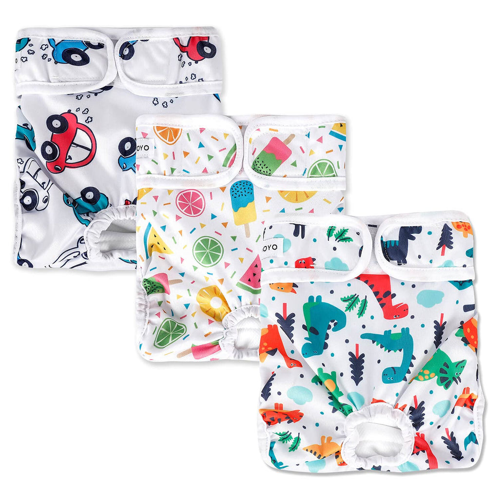 MICOOYO Reusable Dog Nappies Female 3-Pack | Washable Puppy Sanitary Wraps Panties | Super Absorbent Durable Dog Diapers for Medium Doggie (Animals Fruit Cars) M(waist:35.5-50.8cm) Animals&Fruit&Cars - PawsPlanet Australia