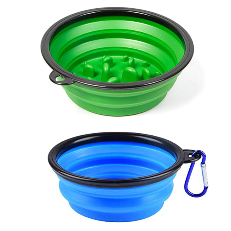 CINY 2 Pcs Collapsible Dog Bowl, Slow Feeder Eating Dog Bowl, Interactive Travel Silicone Portable Cat Dog Water Bowl With hook for Outdoor Pet Supplies Large and Medium (Green 1000 ml, Blue 650 ml) - PawsPlanet Australia