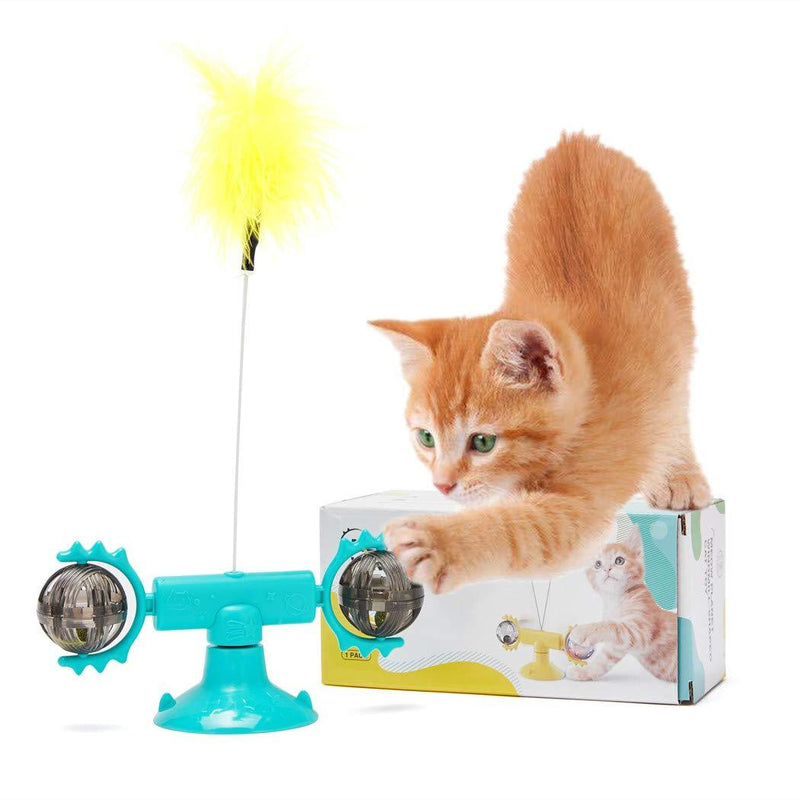 Rotating Windmill Cat Toy , Cat Toys Interactive with Suction Cup Turntable Teasing with Feathers and Catnips Ball - Blue - PawsPlanet Australia