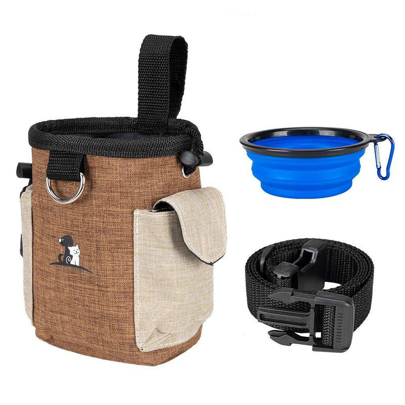 EXCELLENT ELITE SPANKER Dog Treat Pouch with Collapsible Water Feeder Bowl Food Storage Bag for Travel Training Walking Adjustable Belt(Brown) Brown - PawsPlanet Australia