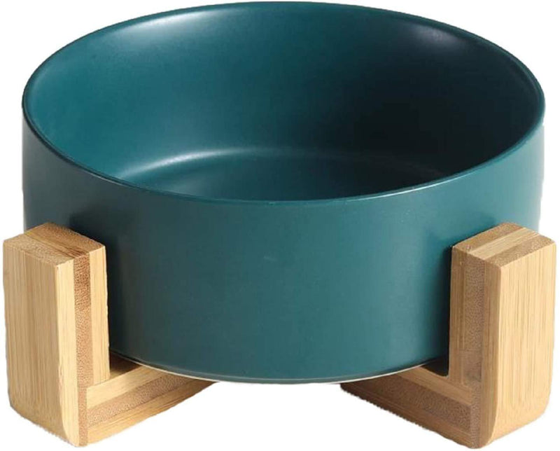 Hiope Ceramic Round Feeder Bowl for Dog and Cat Durable Ceramic Food Water Elevated Dish for Pet Water Bowl with Wood Stand, 28 Ounces - PawsPlanet Australia