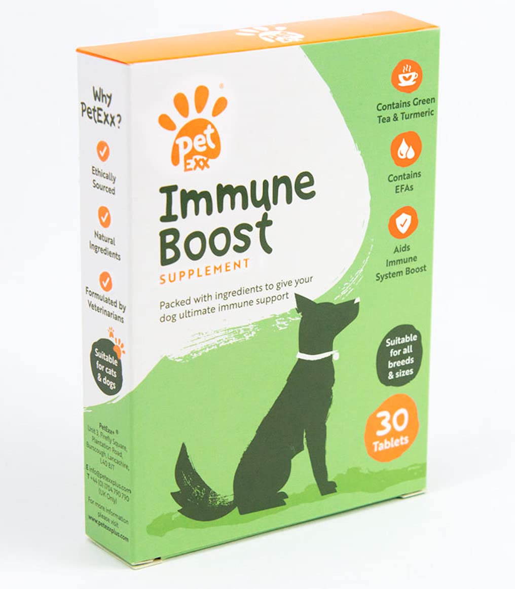 PetExx Immune Boost 30 tablets - multivitamin supplement with turmeric vitamin B12 CoQ10 Omega 3 Collagen & Green Tea - manufactured in the UK - PawsPlanet Australia