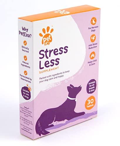 PetExx Stress Less 30 tablets - non-drowsy calming supplement for separation travel fireworks vet visits & stressed nervous and anxious cats and dogs - manufactured in UK - PawsPlanet Australia