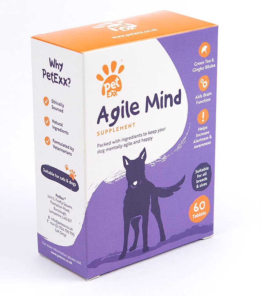 PetExx Agile Mind 60 tablets - senior senile pet brain supplement with Omega 3’s CoQ10 Gingko Biloba Vitamin B6 Vitamin B12 Vitamin D3 & Vitamin E - manufactured in the UK - PawsPlanet Australia