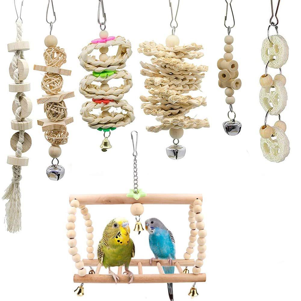 zfdg Parrot Swing Chewing, 7 Pieces Bird Cage Swing Chewing, Birds Wooden Ladder Toy, Parrot Wood Hanging Bell, Bird Swing Toys, for Parrots, Cockatiels, Finches, Macaws Swing Chew Toy - PawsPlanet Australia