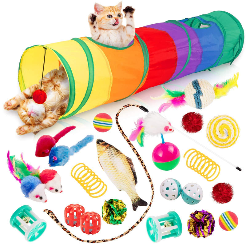 Whaline 24 PCS Cat Kitten Toys Set, Collapsible Cat Tunnels for Indoor Cats, Interactive Cat Feather Toy Fluffy Mouse Crinkle Balls Toys for Cat Puppy Kitty Kitten Rabbit - PawsPlanet Australia