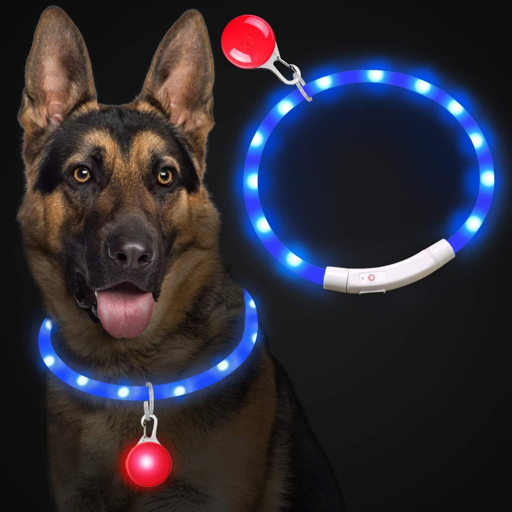 LED Dog Collar Light USB Rechargeable, Silicone Flashing Dog Collar Lights With Clip On Pendant For The Dark, Adjustable Cut To Size, For Small Medium Large Dogs, Blue - PawsPlanet Australia