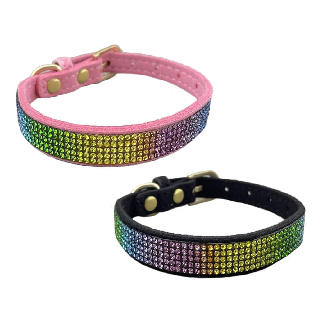Newtensina 2 Pieces Colorful Diamante Dog Collar Rainbow Colored Puppy Collar for Small Dogs - PinkBlack - M - PawsPlanet Australia