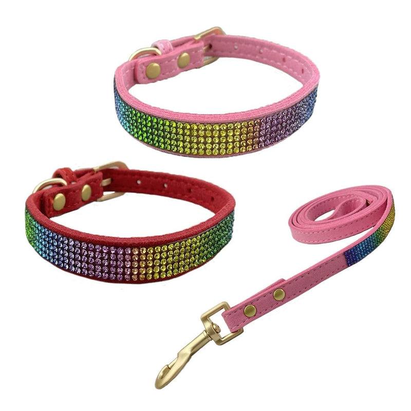 Newtensina 3 Pieces Colorful Diamante Dog Collar and Leash Rainbow Colored Puppy Collar with Leashes for Small Dogs - PinkRed - S - PawsPlanet Australia