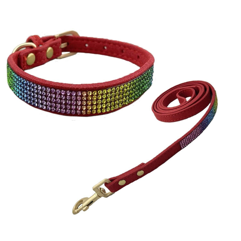 Newtensina Colorful Diamante Dog Collar and Leash Rainbow Colored Puppy Collar with Leashes for Small Dogs - Red - XXS - PawsPlanet Australia
