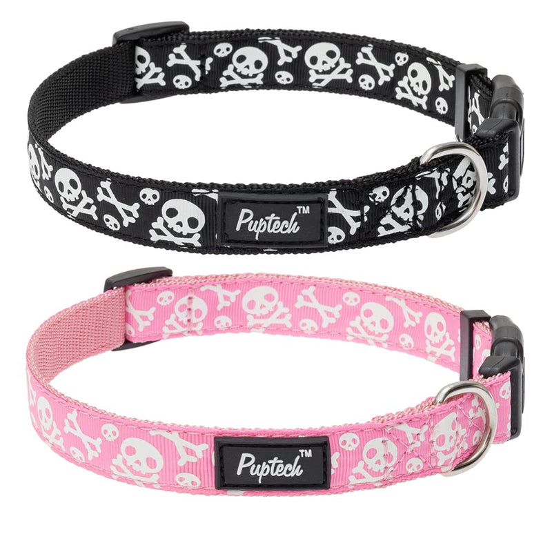PUPTECK Halloween Skull Pattern Dog Collar 2 Pack (Pink&Black) for Small Medium and Large Dogs - Glow in the Dark - Adjustable Pet Collars with Luminous Design - PawsPlanet Australia