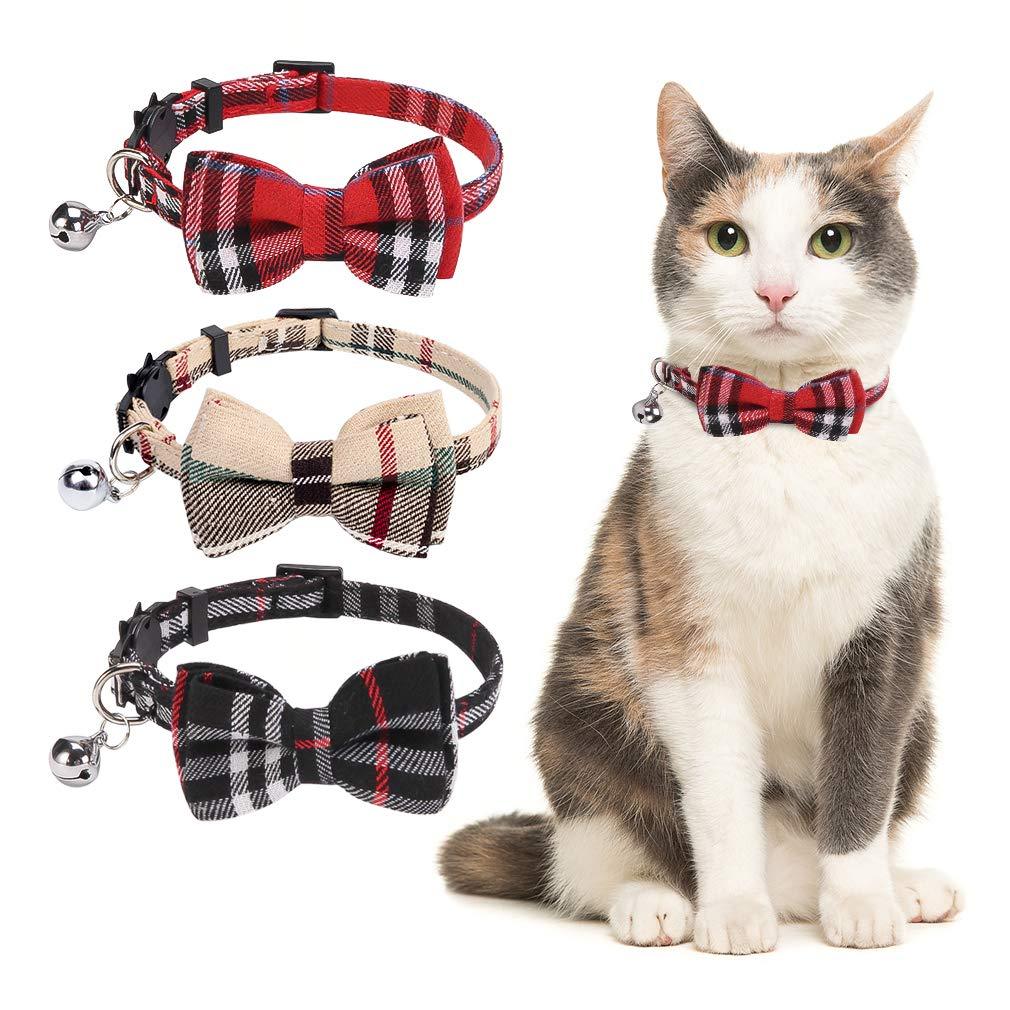 PUPTECK 3 Pack Classic Cat Collars Quick Release with Plaid Pattern and Cute Bowtie for Kitties Outdoor All Seasons (Red&Black&Cream) - PawsPlanet Australia