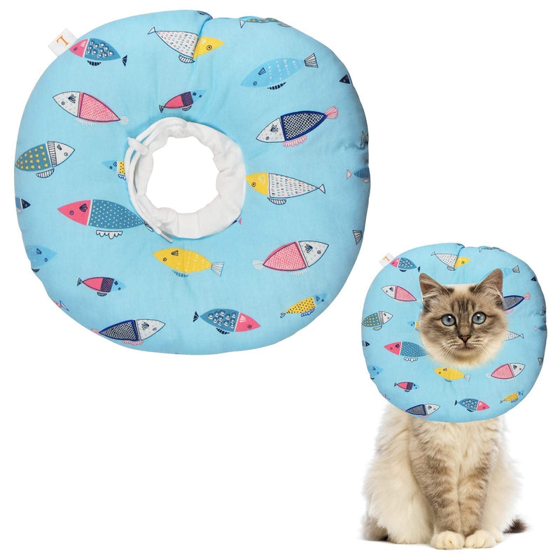 Cat Recovery Collar Cone Protective Cat Anti Licking Collar Cute Fishes Pattern Soft Edge Cotton Pet Cone Collar Adjustable Fastener Anti-bite Collar After Surgery Comfy Lightweight for Cat Dog, 1-2kg Light Blue XS (Pack of 1) - PawsPlanet Australia