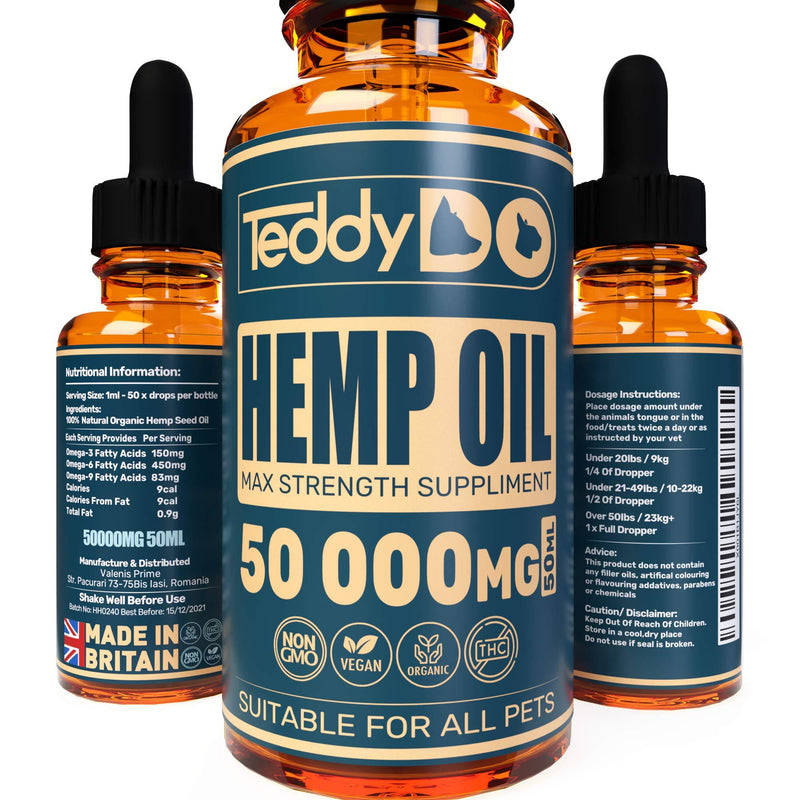 TeddyDo Hemp Oil for Dogs, Cats and Pets-Natural Organic Joint Care Supplement | High Strength | For Soothing Arthritis and Pain Relief | 50ml | Rich in Omega 3,6,9 | Made and Certified in UK - PawsPlanet Australia