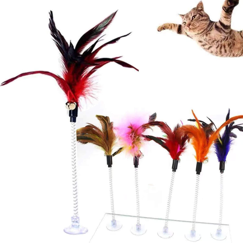 Autoau Cat Toys with Sucker Feather Stick Bell Spring Rod Swinging Cat Toy Funny Cat Rod Bite-resistant Training Cat Kitten Pet Kitty Supplies(6 PCS) - PawsPlanet Australia