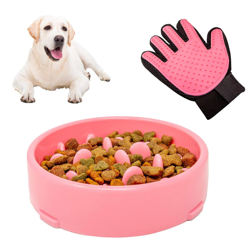 BluBell 2 in 1 Slow Feeder Dog Bowl & FREE Pet Grooming Glove – Slow feeding for Pet, Puppy & Dogs. Fun Interactive Puzzle Maze. For Diet, Reduces Bloating, Slows Down Foraging, Anti Gulp (Pink) Pink - PawsPlanet Australia