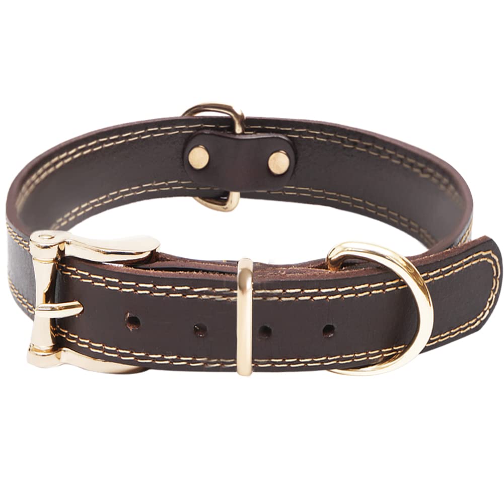 Premium Heavy Duty Genuine Leather Dog Collar Soft Adjustable for Male Female Dogs Best for Small Medium Large Breed Dogs （Brown） (S) S (Neck 31-41cm) Brown - PawsPlanet Australia