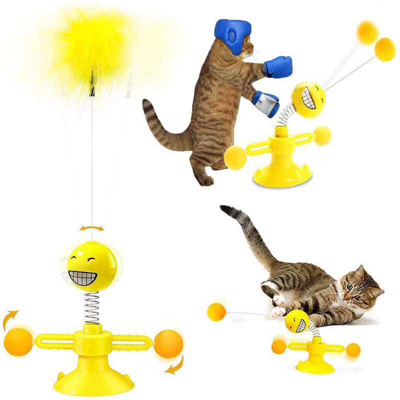 WeChip Windmill Interactive Cat Toy, Cat Toys for Indoor Cats with Turntable Teasing Feather Stick Suction Cup Base Funny Kitten Feather Ball Toys for Cats Cradle String Game (Yellow) - PawsPlanet Australia