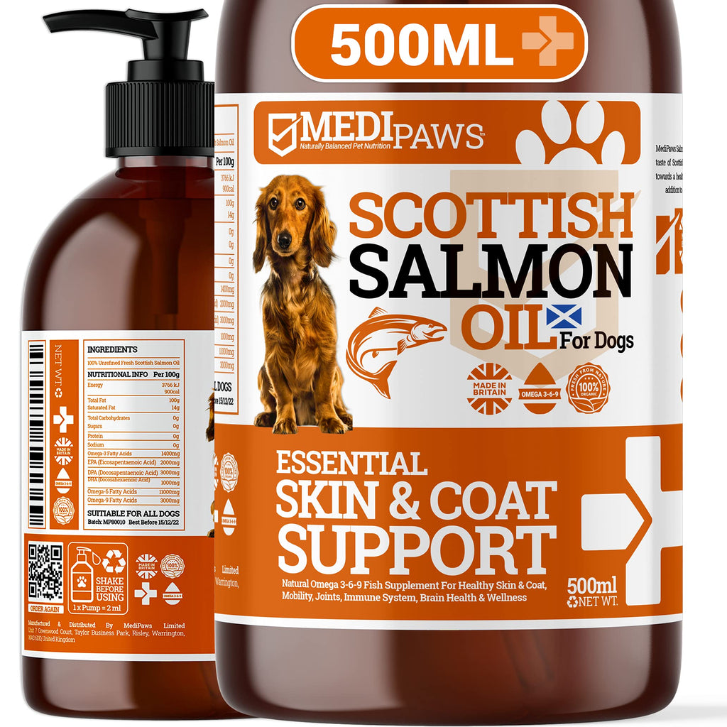 MediPaws® Scottish Salmon Oil For Dogs 500ml | Supports Dog Skin And Coat, Dog Itchy Skin & A Moulting Dog | Omega 3 Fish Oil | Perfect For Dog Grooming & Dog Food 500 ml (Pack of 1) - PawsPlanet Australia