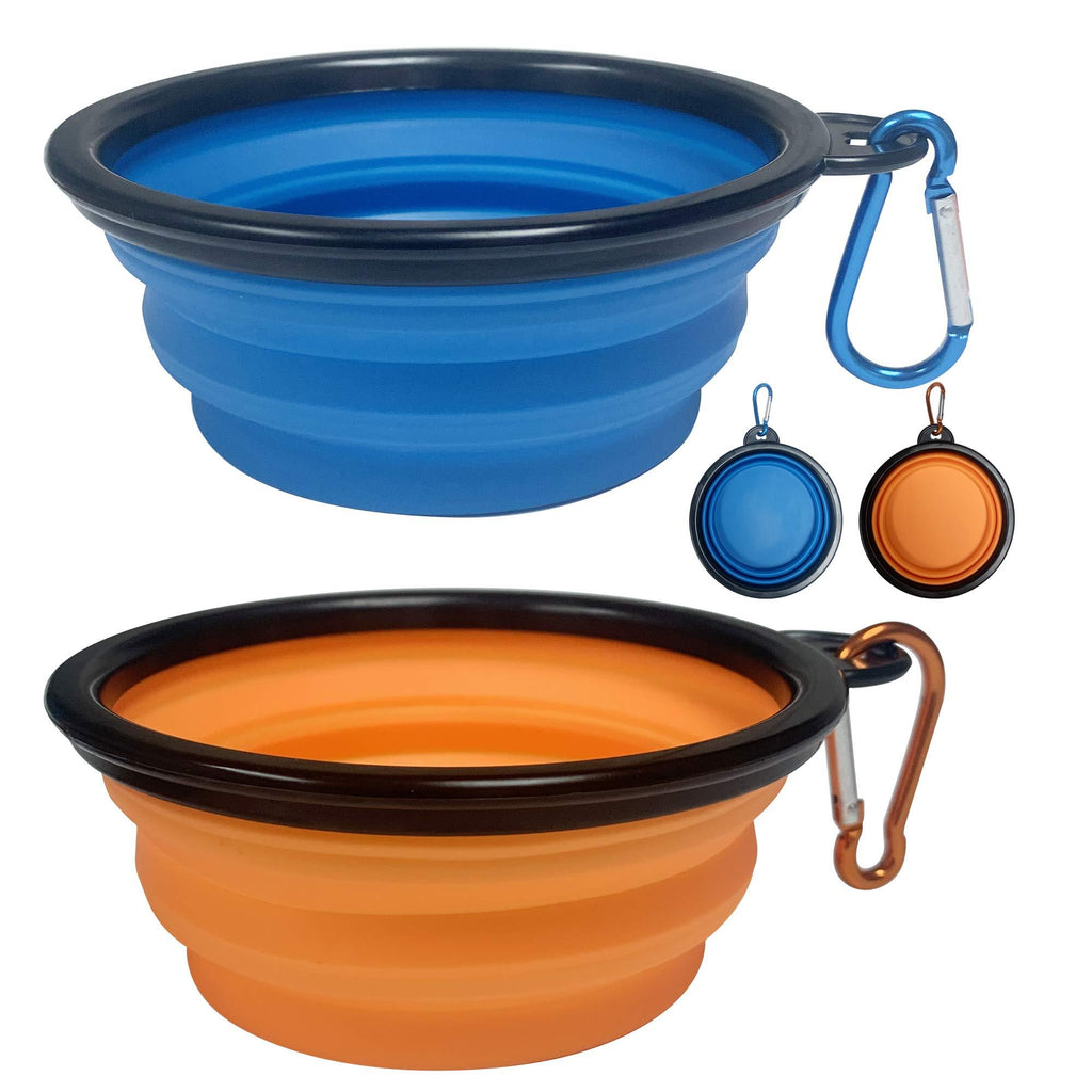 TOGETOP 2pcs Travel Bowls collapsible Dog Bowl pet food Water Bowl Small Medium Puppy Dog Cat Animal Food Silicone Portable Foldable Expandable Feeding Cup Dish Hiking Camping Carabiner (Blue+Orange) Blue+orange - PawsPlanet Australia