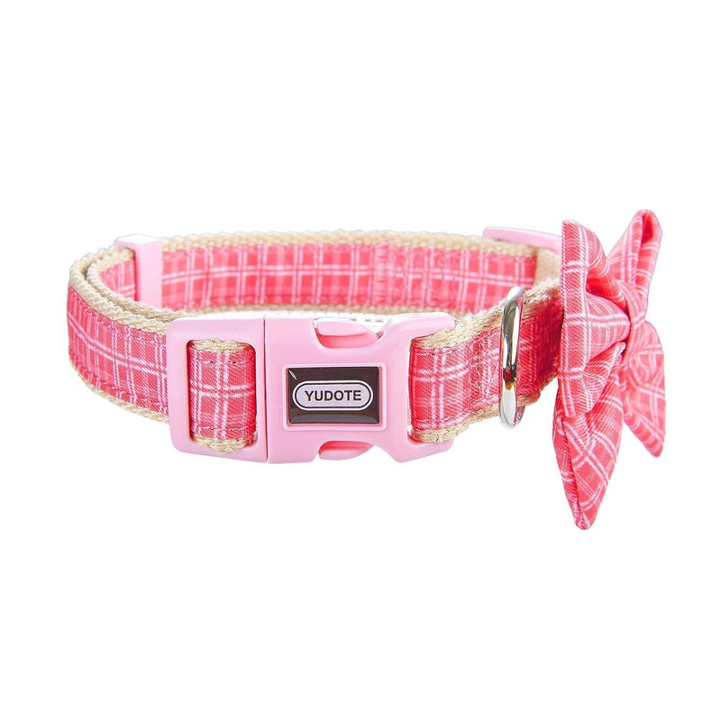 YUDOTE Natural Cotton Dog Collar Soft Lightweight with Plaid Ribbon and Removeable Bow-tie for Small Dogs Neck 25-38cm,Rose Pink S: for 25-38cm Neck, 1.5cm Width Rose Pink - PawsPlanet Australia