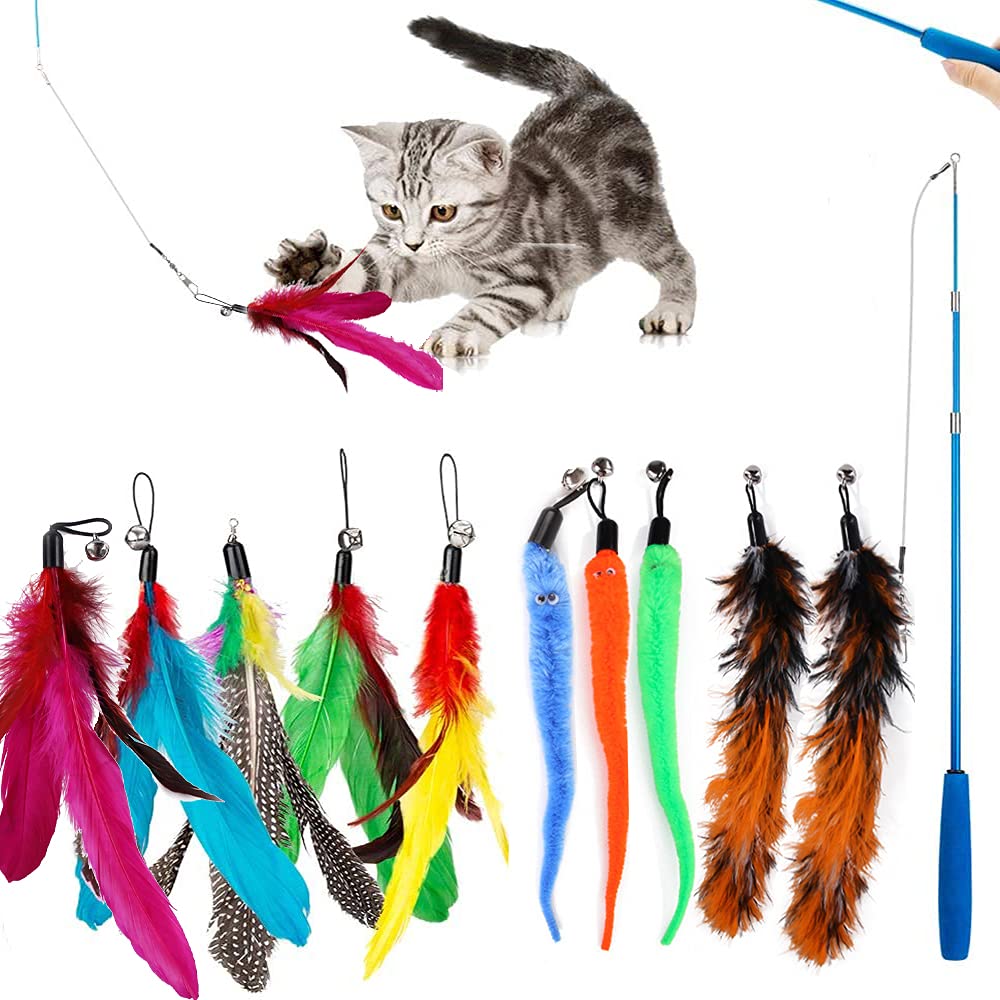 WeFine Cat Feather Toys,11Pcs Interactive Kitten Toys for indoor Cat Kitten,1 Retractable Cat Teaser Wand with 10 Feather Refills - PawsPlanet Australia