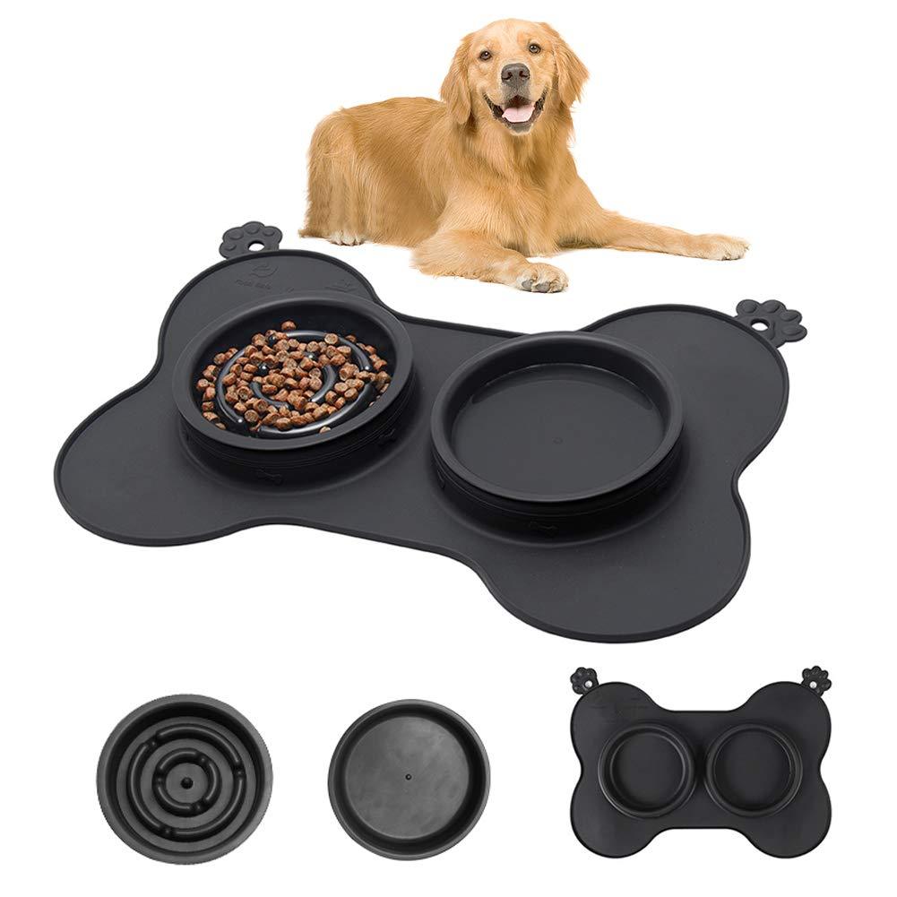 Slow Eating Dog Bowl, 3 in 1 Pet Slow Feeder and Water Bowl with Non-Spill Silicone Tray Bone Shape Non-Slip Mat, Dog Bowl for Small Medium Large Dogs and Cats l black - PawsPlanet Australia