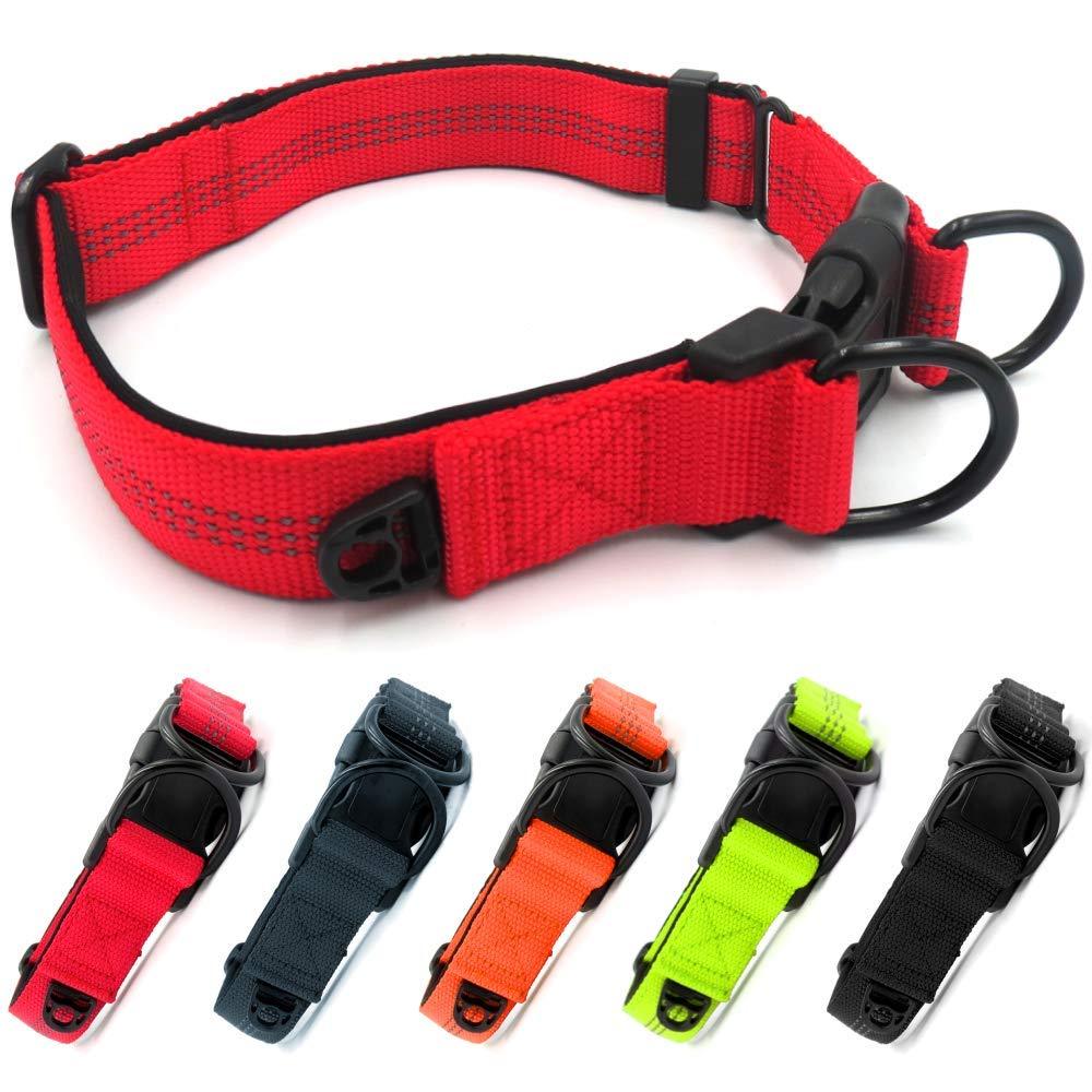 Beshine Adjustable Dog Collar, Reflective Nylon Neoprene with Separate ID Ring and Double D Ring, Durable and Comfortable Puppy Collar for Medium/Large Dogs(L, Red) L (40-60cm) - PawsPlanet Australia
