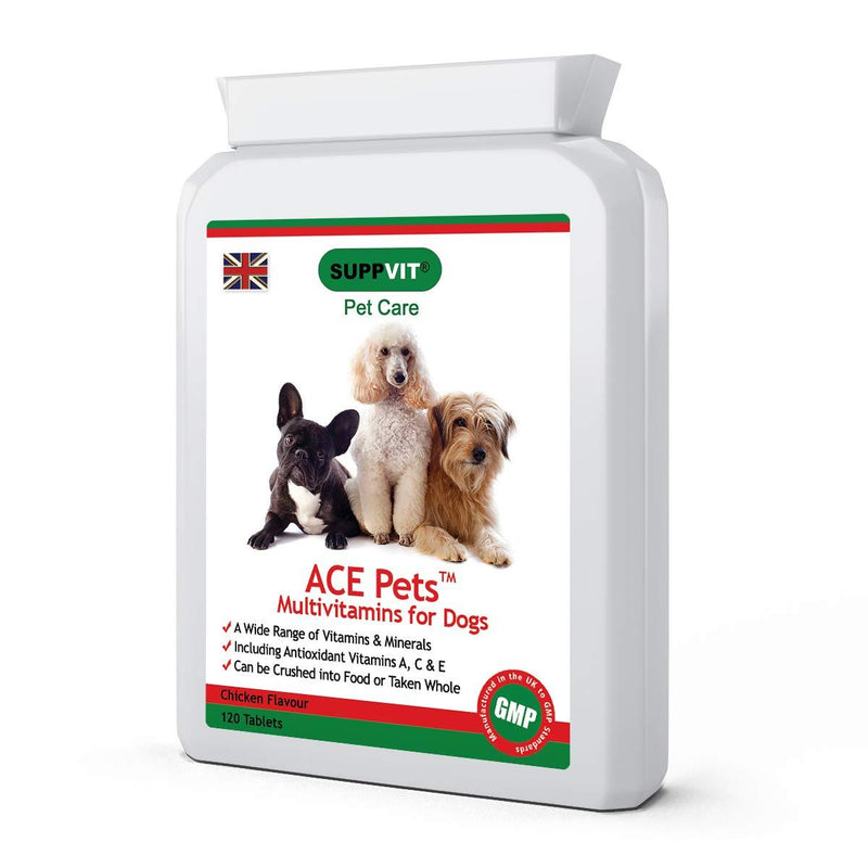 ACE Pets Multivitamins for Young or Senior Dogs | Includes Antioxidant Vitamins A, C & E | 24 Multi Vitamins & Minerals | 120 Chicken Flavour Crushable & Chewable Tablets | UK Made & GMP Certified - PawsPlanet Australia