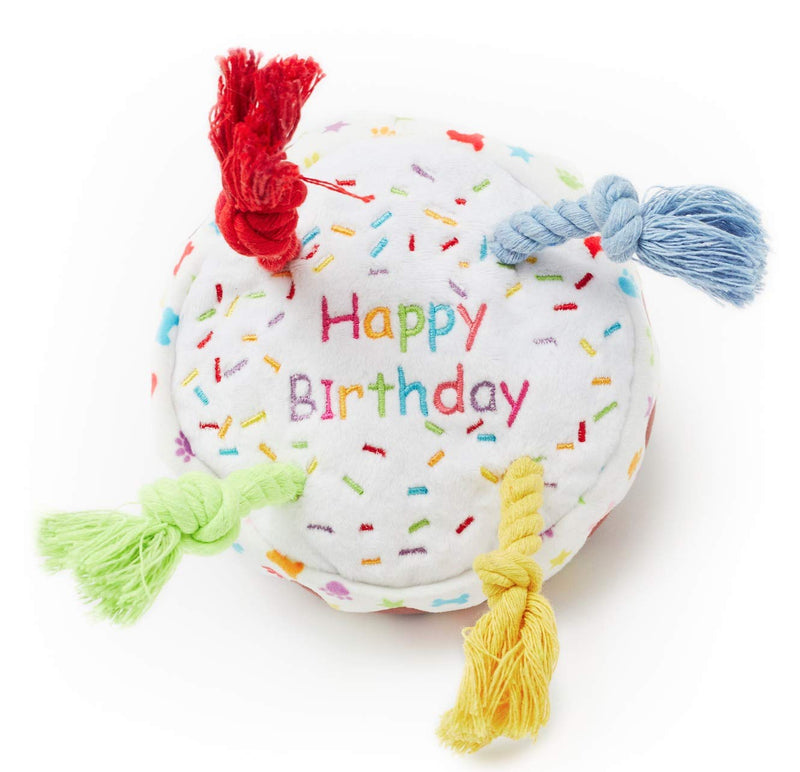 Pet London Dog Birthday Cake Squeaky Soft Plush Toy with Rope Candles in Fun Happy Bright Colours - Celebrate Your Dog's Happy Birthday - Plush Rainbow Pattern Dog Party Bday or Adoption Gift (Small) Small - PawsPlanet Australia