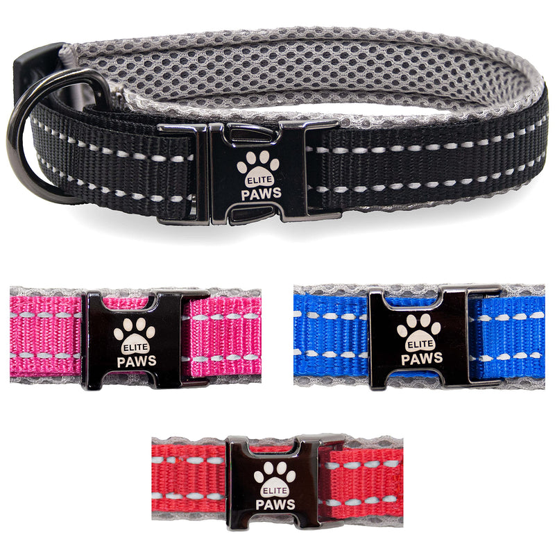Elite Paws® UK. Premium Dog Collar Metal Buckle, Soft Padded Mesh, Reflective, Strong, Adjustable. Puppy Puppies XS Small Medium Large Extra XL Boy Girl Male Female Pet Breed (25cm-30cm Black/ Grey) Neck: 25cm-30cm - PawsPlanet Australia