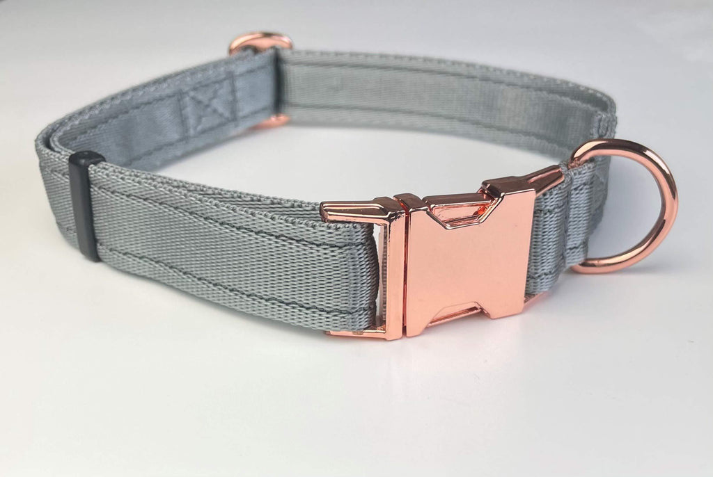 KLASSY K9 DOG COLLAR SILVER GREY WEBBING WITH ROSE GOLD QUICK RELEASE FASTENER LARGE 1" WIDE - PawsPlanet Australia